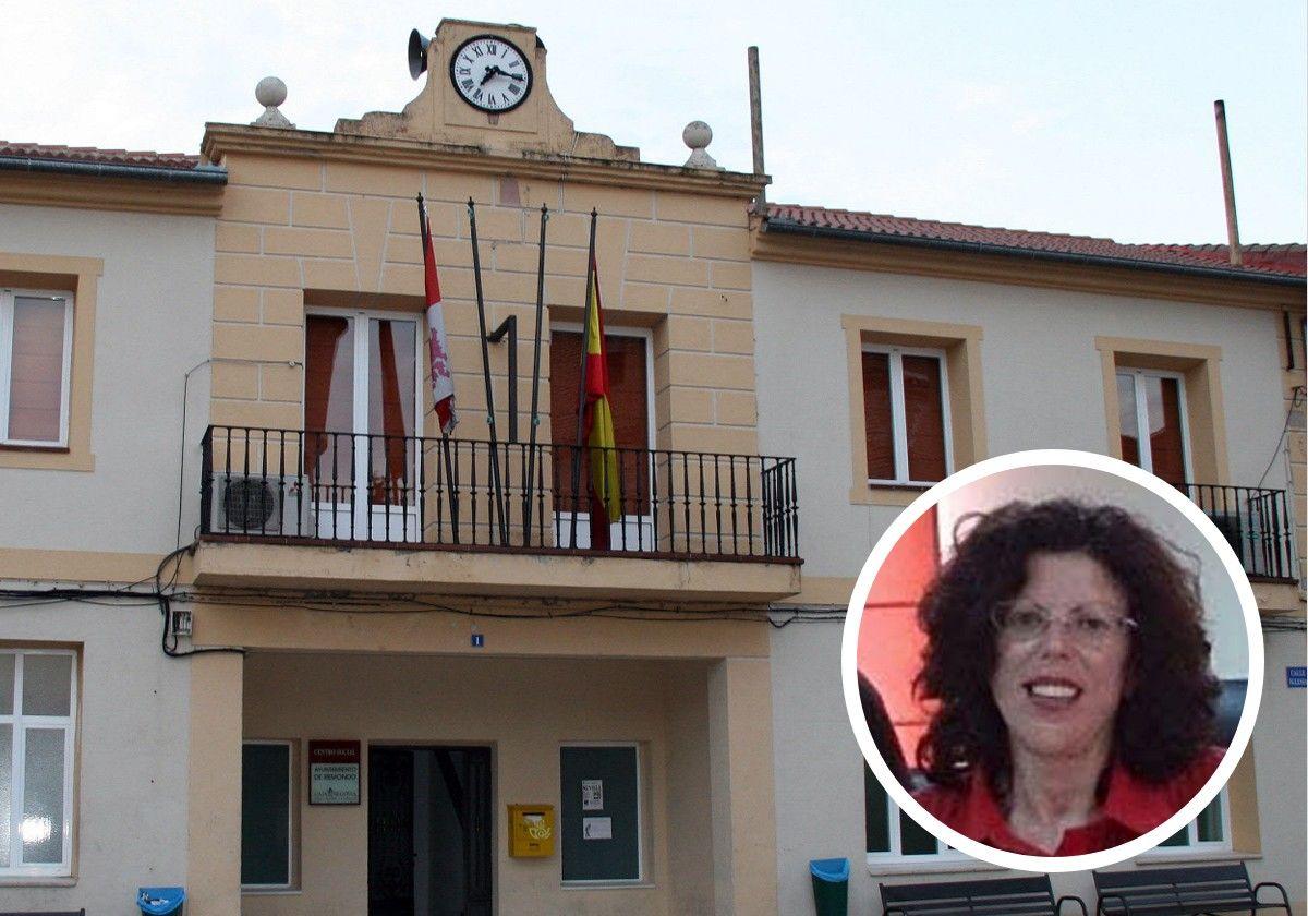 En grande, fachada del Ayuntamiento de Remondo. En pequeño, María José González Herrrero.