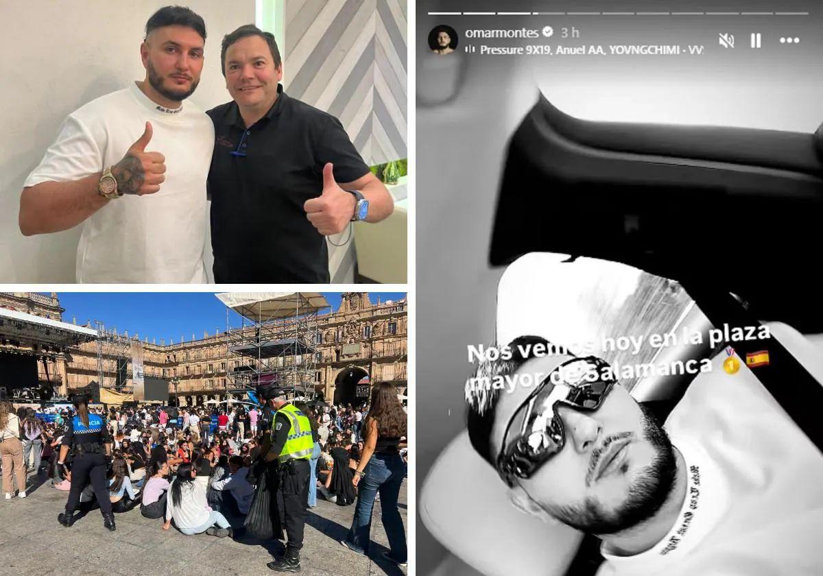 Montes, con uno de los dueños del Guinaldo; Policía Local en la Plaza Mayor; y un mensaje en redes.