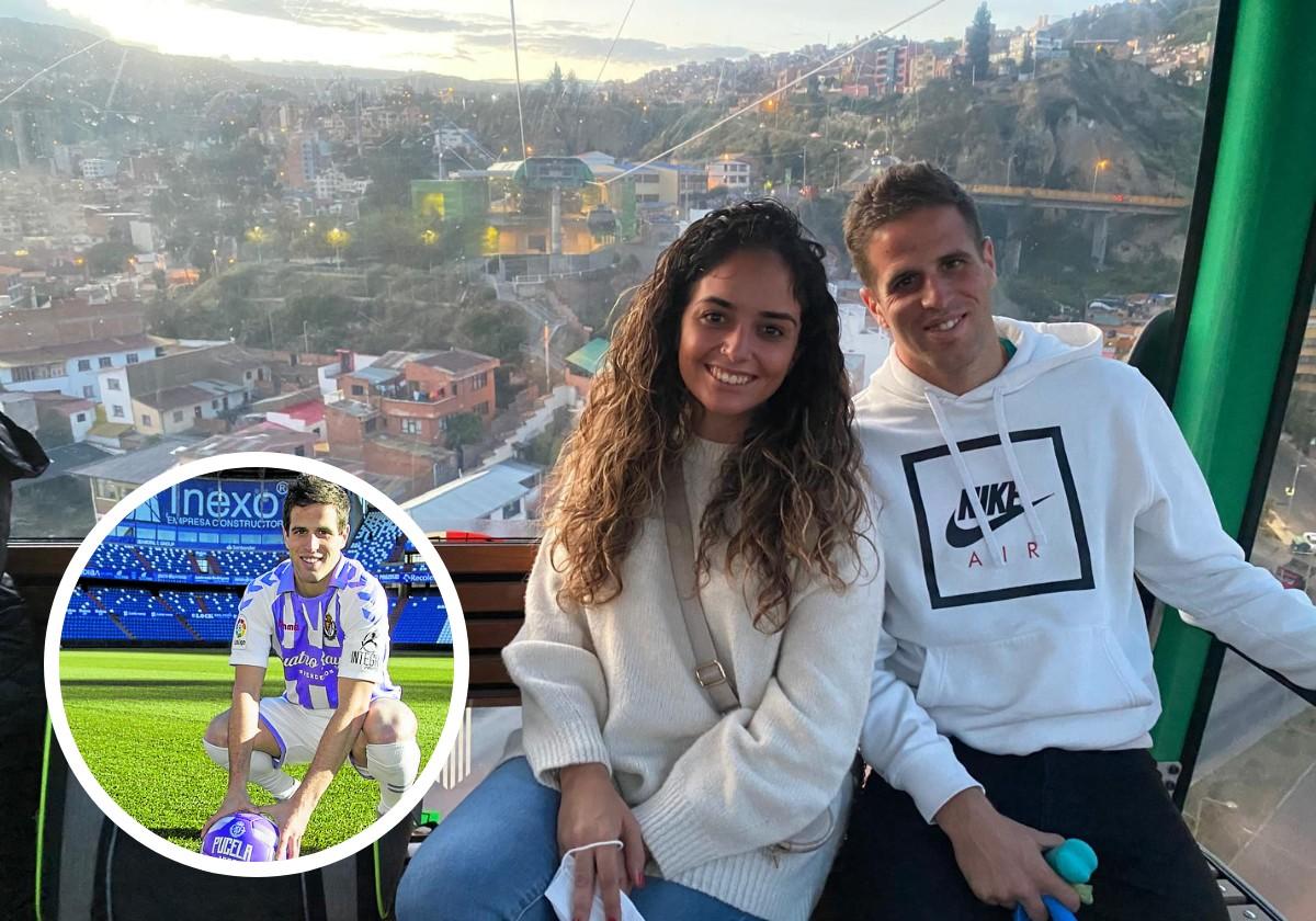 Hervías, con su pareja Ainoa, a la que conoció durante su estancia en Oviedo. En detalle, posando con la camiseta del Real Valladolid en su presentación, año 2019.