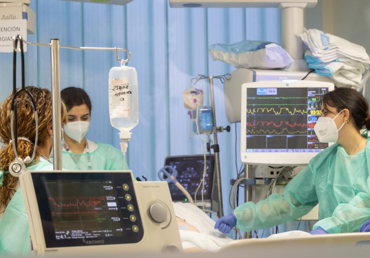 Profesionales sanitarios atendiendo a un paciente en el Servicio de Cardiología del Hospital Clínico de Valladolid.