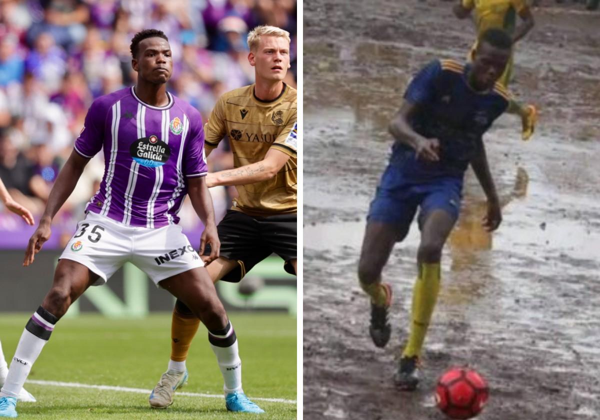 Juma defiende una jugada a balón parado durante el partido frente a la Real Sociedad. A la derecha, en su etapa en Sierra Leona.