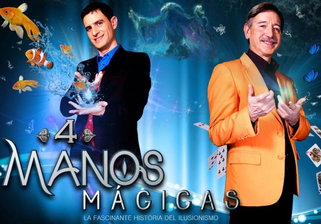 Fernando Arribas junto con su hijo Samuel en el cartel del espectáculo '4 manos mágicas'.