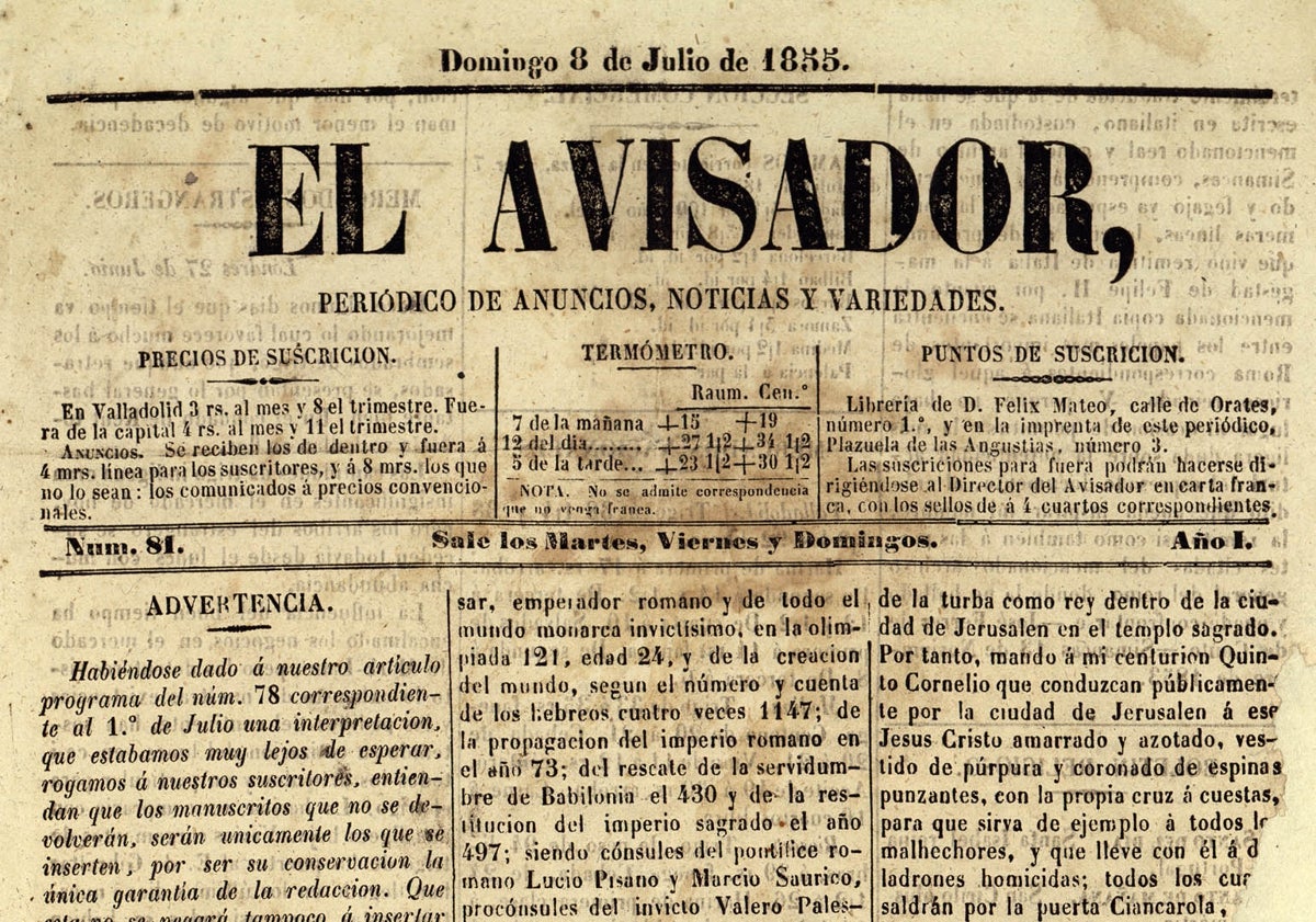 Imagen principal - Arriba, cabecera de El Avisador, periódico fundado por Pérez Mínguez. Abajo, la estatua de Cervantes en el siglo XX y el protagonista de este reportaje.