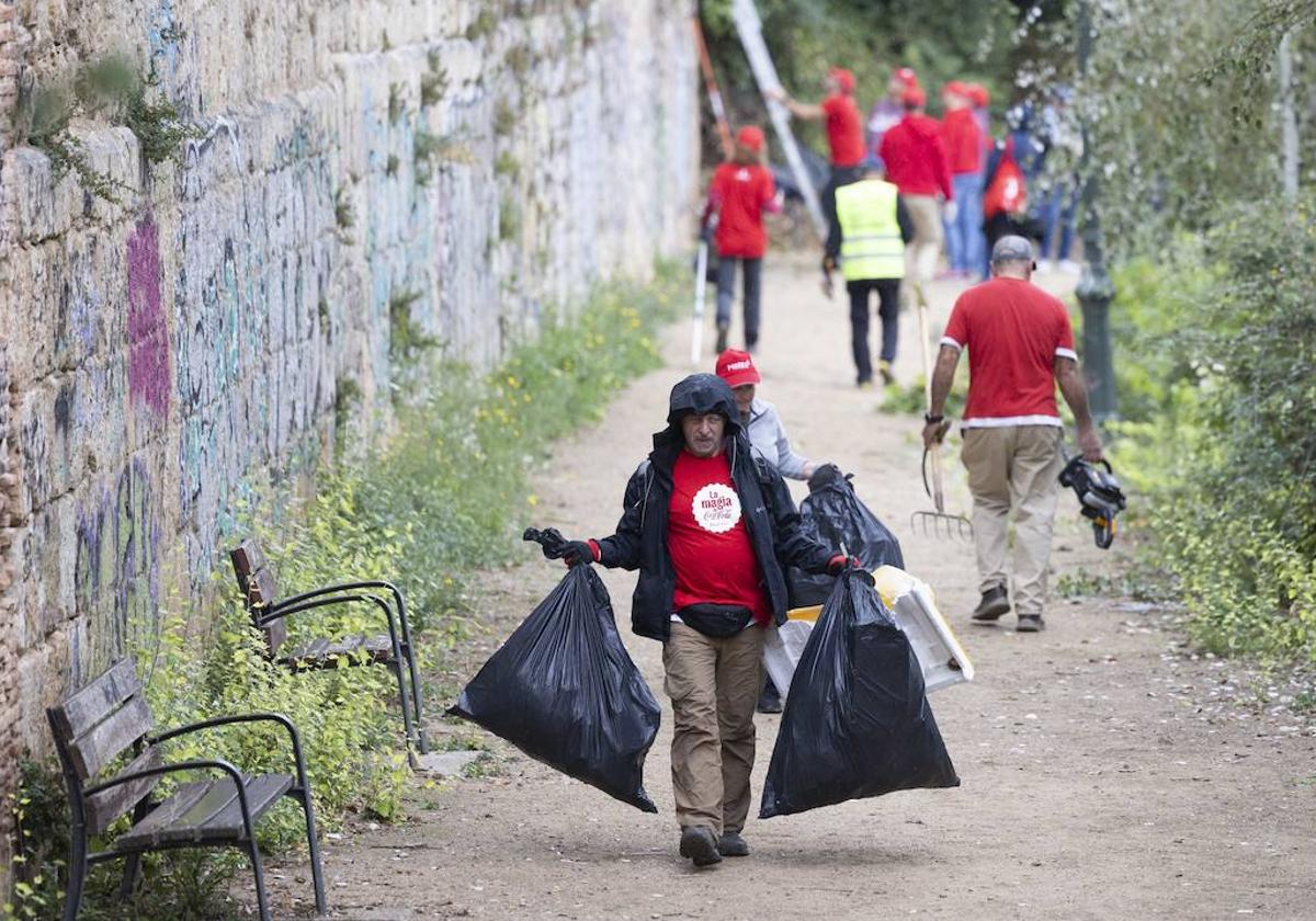 Voluntarios de AMA el Pisuerga limpian la ladera de la ribera junto al palacio del Duque de Lerma