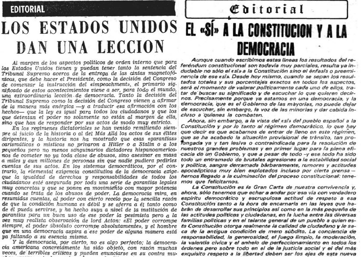 Imagen secundaria 1 - Arriba, directivos y redacción de El Norte con Miguel Delibes como subdirector. Abajo, editoriales sobre el 'Caso Nixon', en 1974, el referéndum de la Constitución, en 1978, y el intento de golpe de Estado el 23 de febrero de 1981.