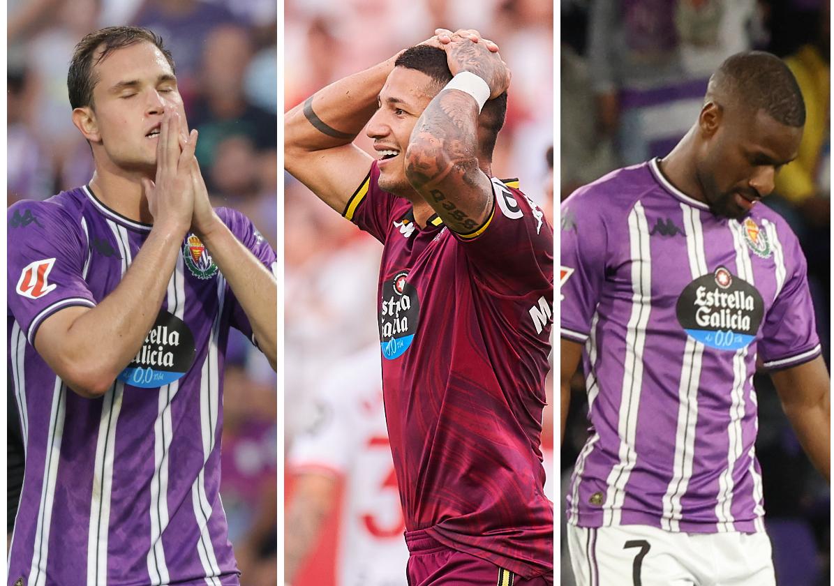 Juanmi Latasa, Marcos André y Mamadou Sylla, se lamentan durante partidos de esta campaña con el Real Valladolid.