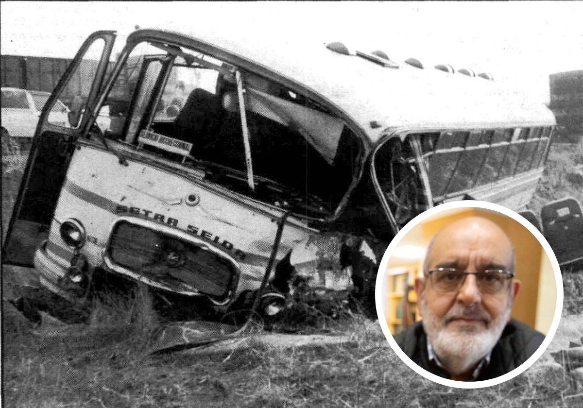 El autobús siniestrado en la colisión múltiple registrada el 29 de octubre de 1984 en Simancas. En detalle, el guardia civil de Tráfico jubilado Jesús Bermejo, que trabajó en el lugar de los hechos.