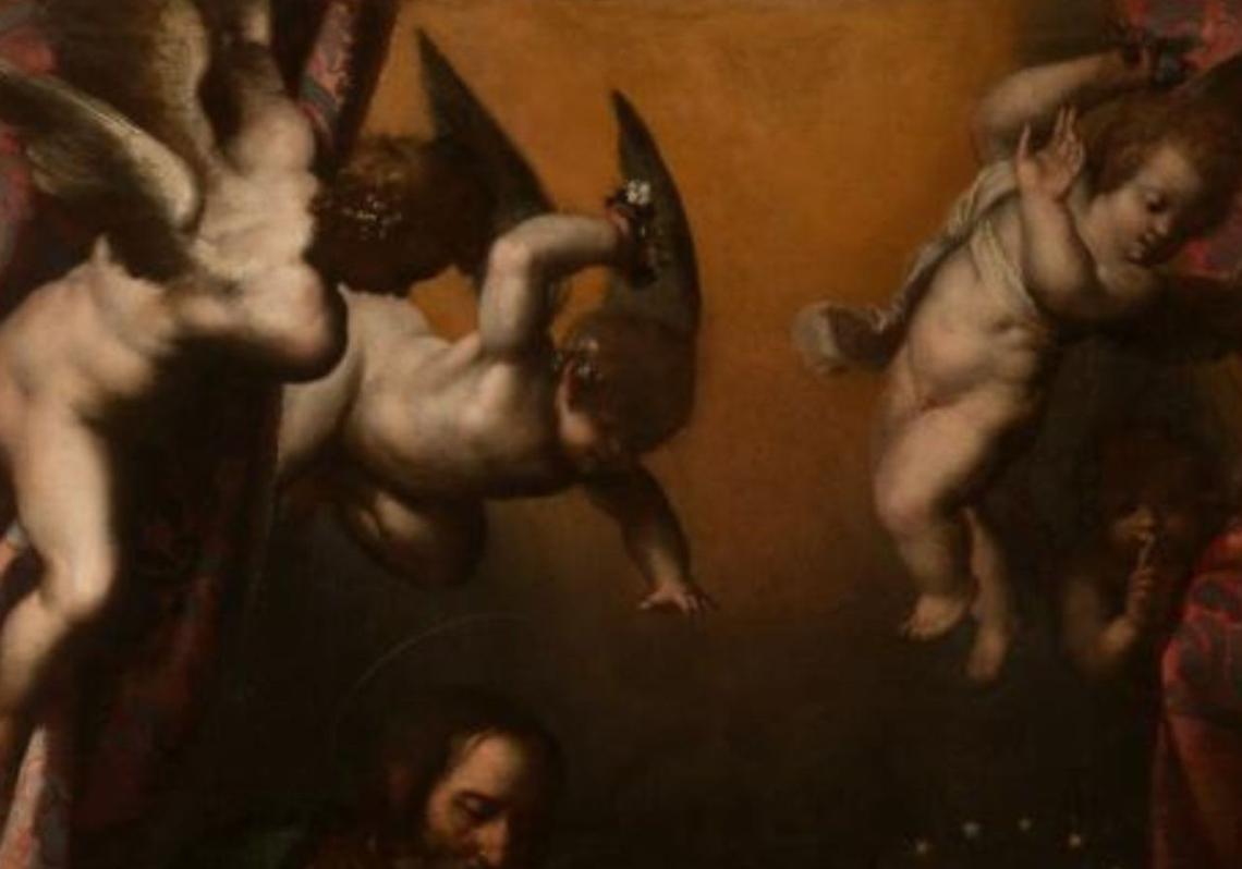 Imagen antes - Comparativa de los angelotes que aparecen en el cuadro 'Sagrada Familia' de Diego Valentín Díaz y los que se muestran en el grabado de Cornellis con la obra 'Judith y Holofernes'