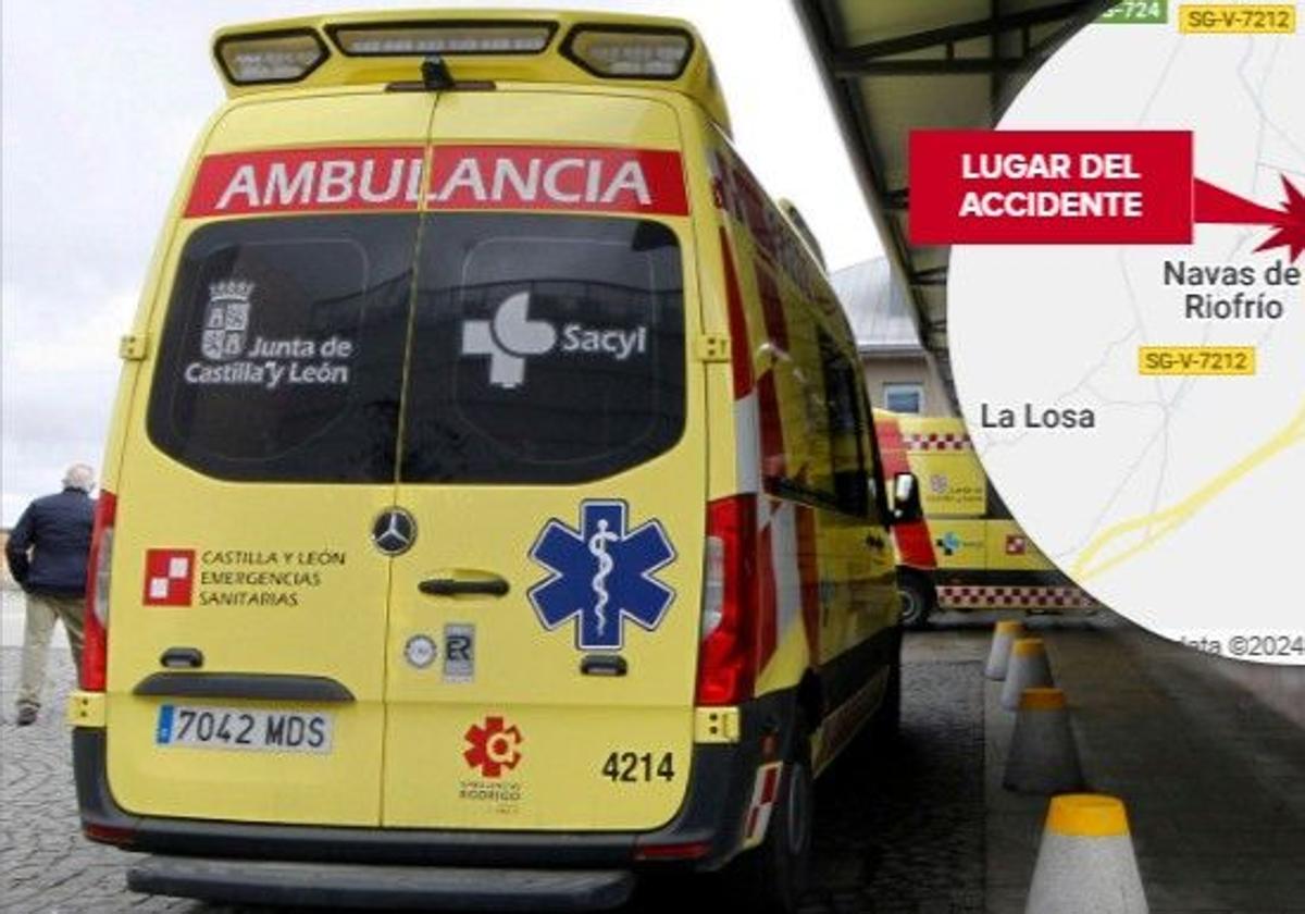 Una ambulancia llega al Hospital de Segovia, en el círculo, la localización del accidente de este sábado.