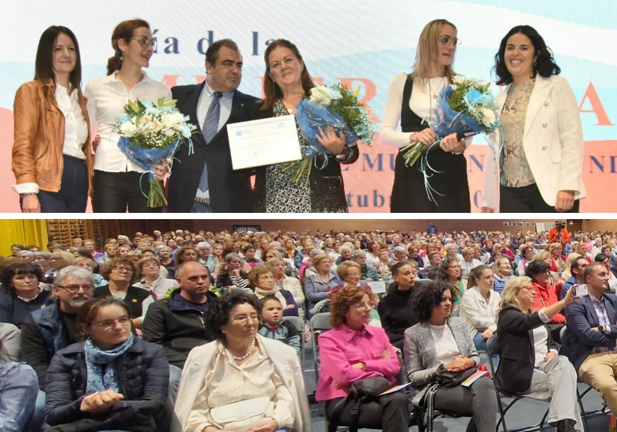 Homenajeadas, con el alcalde de Saldaña y la diputada de Mujer. Abajo, público asistente en el polideportivo de Saldaña al Día de la Mujer Rural.