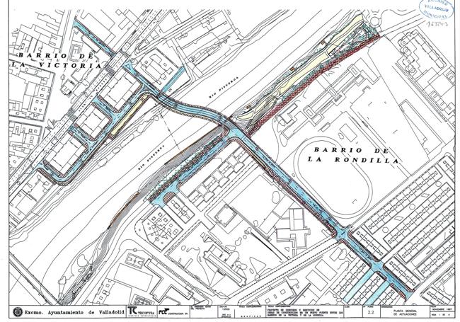 En el plano, en azul, el puente y las calles que se remodelaron. En amarillo, la zona de la ribera del río que se recuperó.