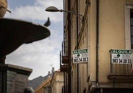 Cartel anunciador de una vivienda en alquiler en el centro de Valladolid.