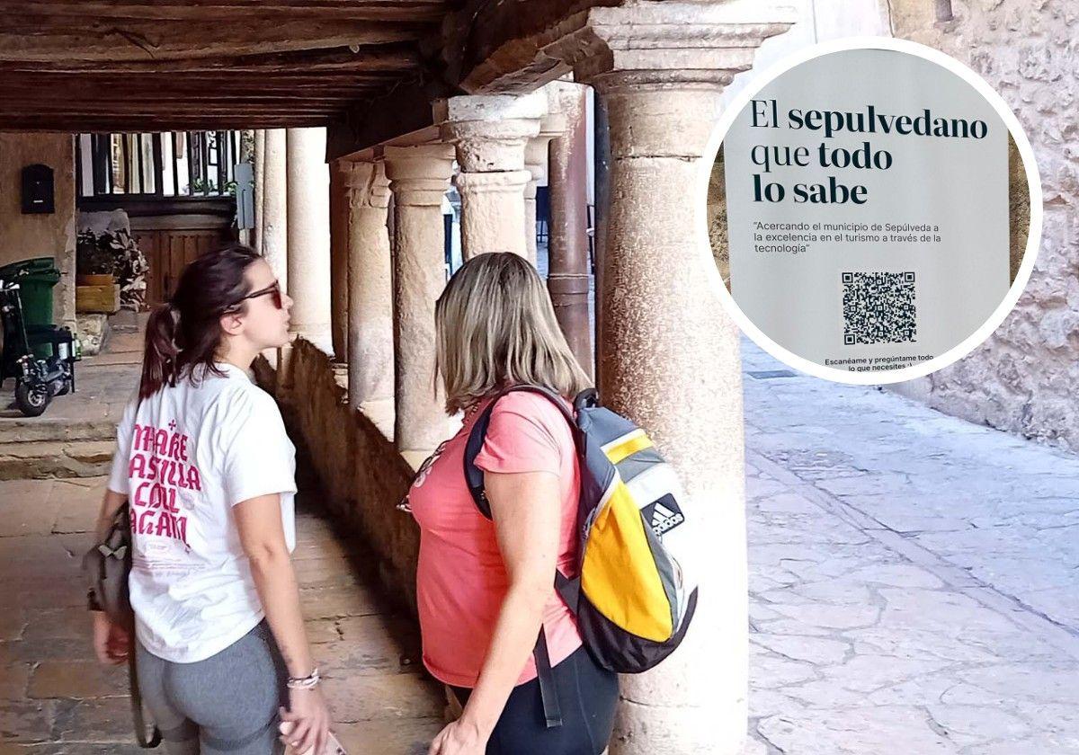 En grande, dos turistas visitan un espacio emblemático de la villa de Sepúlveda. En pequeño, el QR que redirige al visitante al asistente virtual.