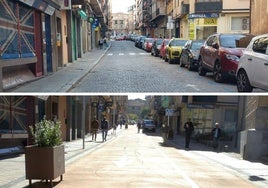 Arriba, la calle Blanca de Silos antes de las obras. Abajo, la misma vía después de su reconversión peatonal.