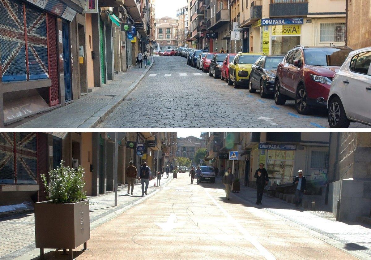 Arriba, la calle Blanca de Silos antes de las obras. Abajo, la misma vía después de su reconversión peatonal.