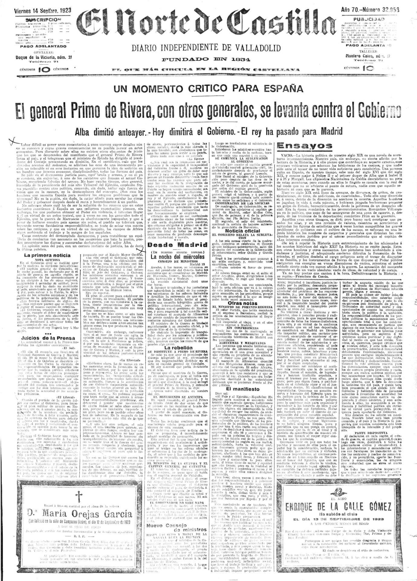 El Norte anuncia el golpe de estado del general Primo de Rivera que dará paso a la convivencia del reinado de Alfonso XIII con un gobierno dictatorial.