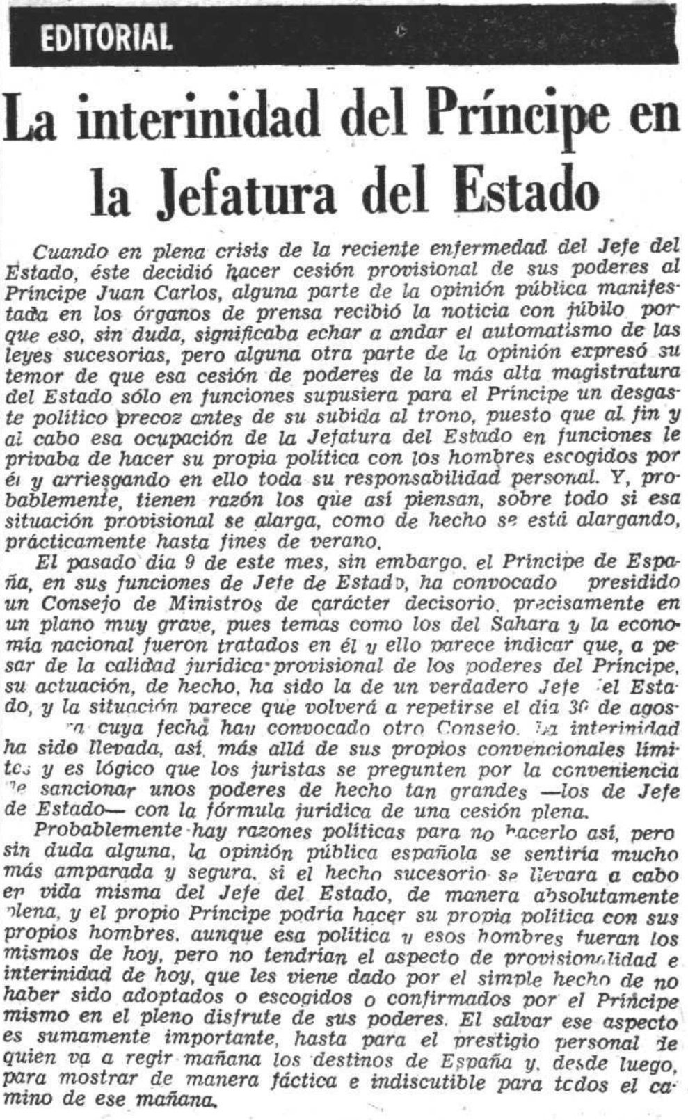 Editorial sobre la interinidad en la Jefatura del Estado del entonces príncipe Juan Carlos de Borbón, 16 de agosto de 1974