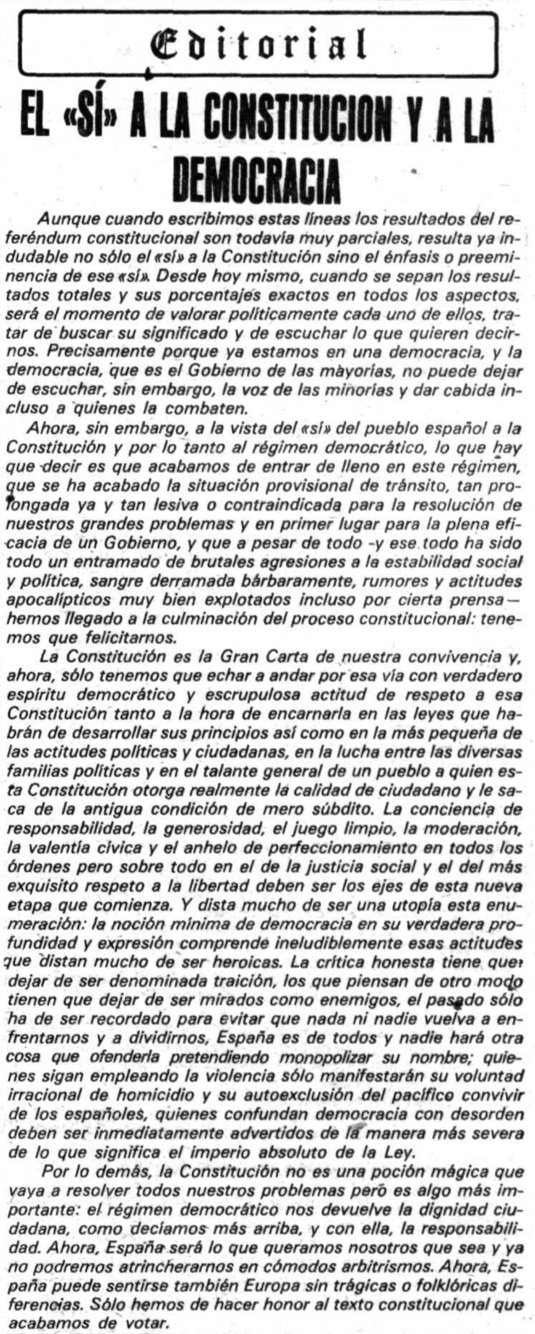 Editorial sobre el referéndum de la Constitución, publicado el 7 de diciembre de 1978