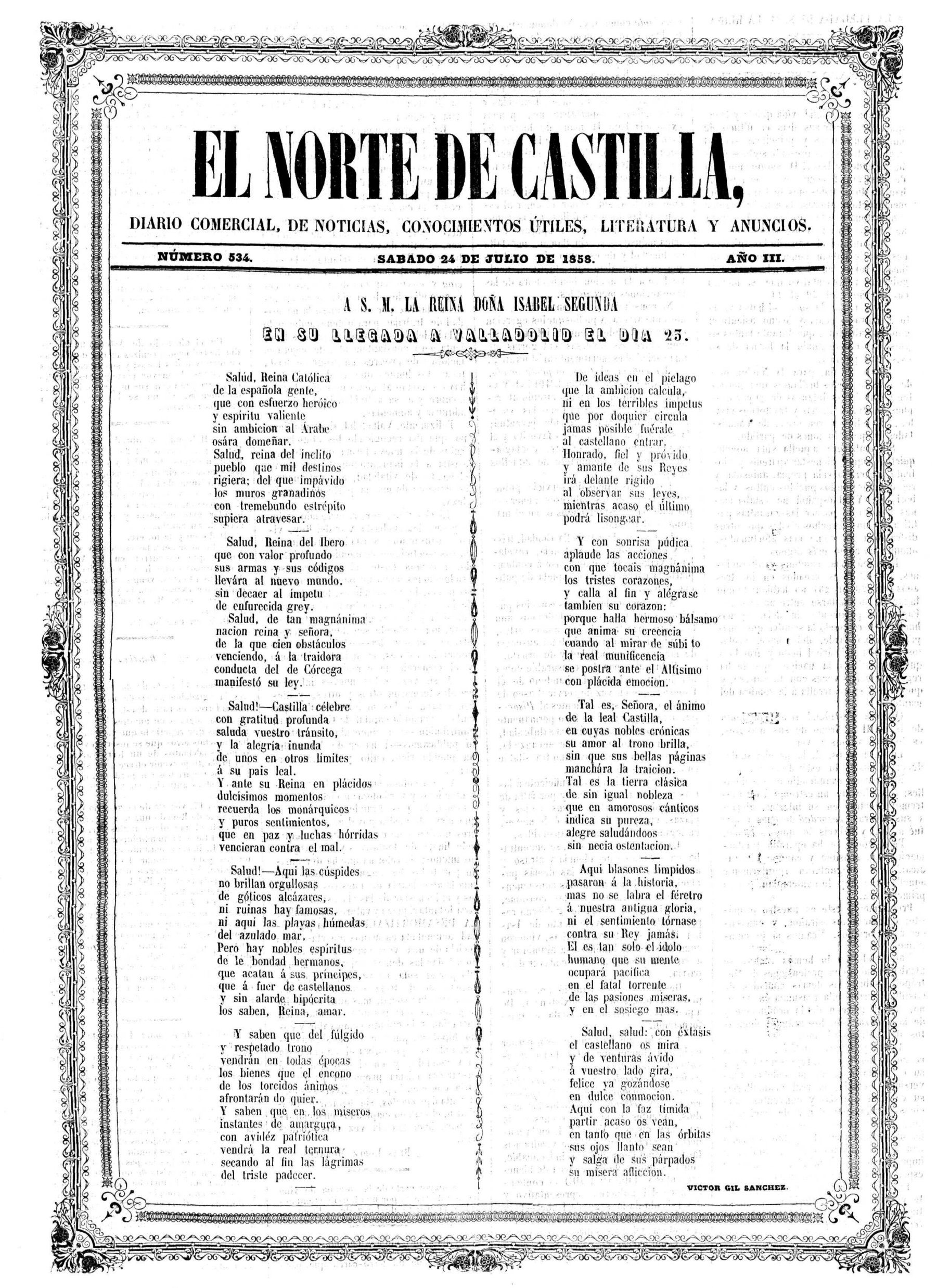 Impactante portada de El Norte de Castilla con motivo de la visita de Isabel II en julio de 1858