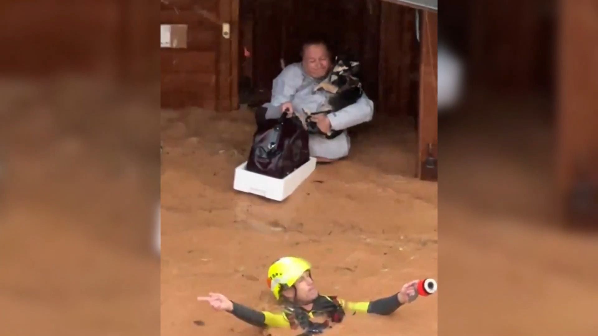 Captura de un video facilitado por la UME del rescate de una mujer con sus mascotas de su casa de madera en Utiel (Valencia)