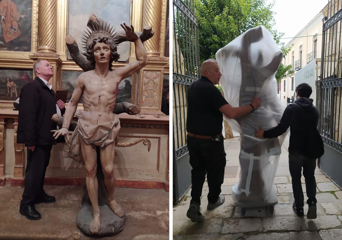 El delegado de Patrimonio de la Diócesis observa el San Sebastián de Francisco Fermín y los operarios durante el traslado de la obra.