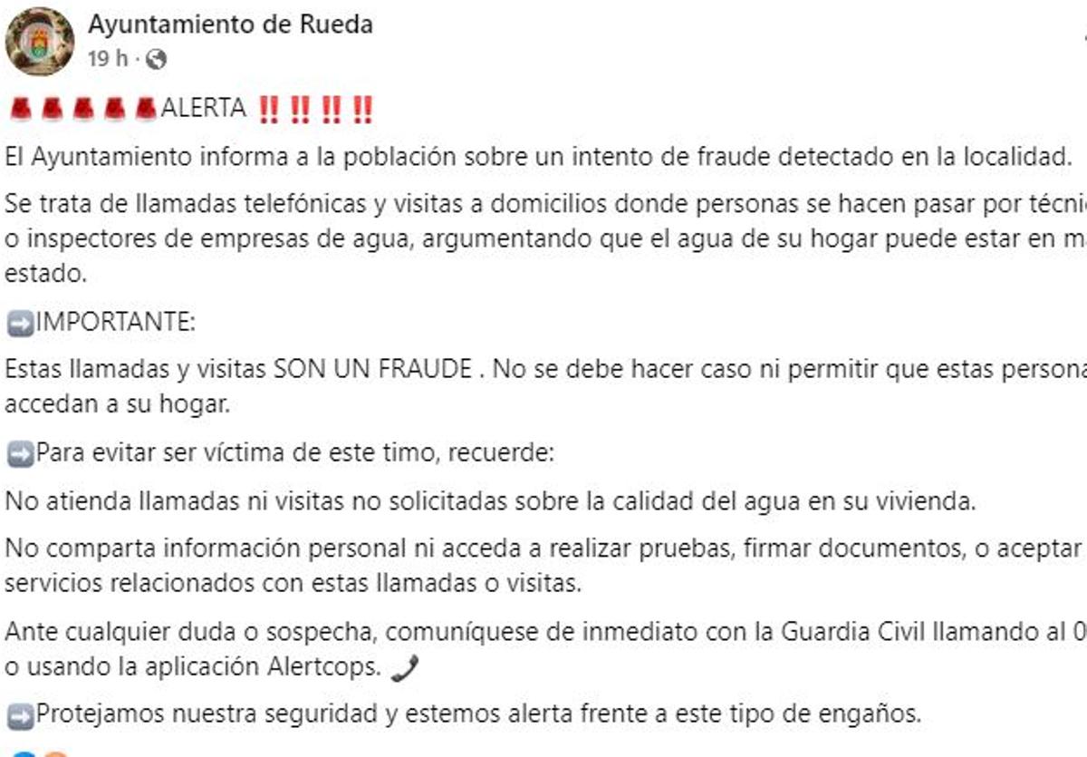 Comunicado difundido por el Ayuntamiento de Rueda para alertar de la estafa.