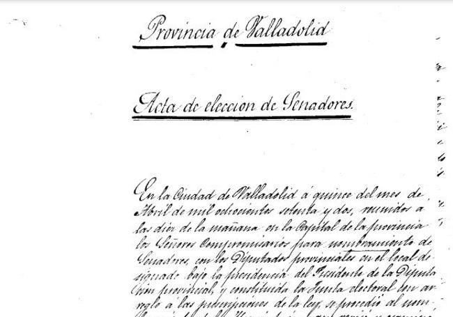 Copia del acta electoral del 15 de abril de 1872 en el que Juan Pombo es designado senador por Valladolid.