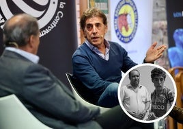 Pedro Delgado conversa con José Miguel Ortega, durante los Desayunos de la APDV, en Valladolid.