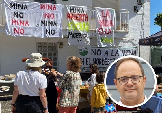 Una de las protestas llevadas a cabo contra el proyecto de la mina en el nordeste de Segovia; y en círculo, el eurodiputado, César Luena.