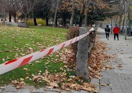 Precinto que impide el paso al parque de la Dehesa, este domingo, en la capital segoviana.