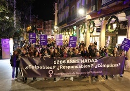 Cabecera de la manifestación que ha recorrido el centro de Valladolid en el tarde noche de esta lunes.