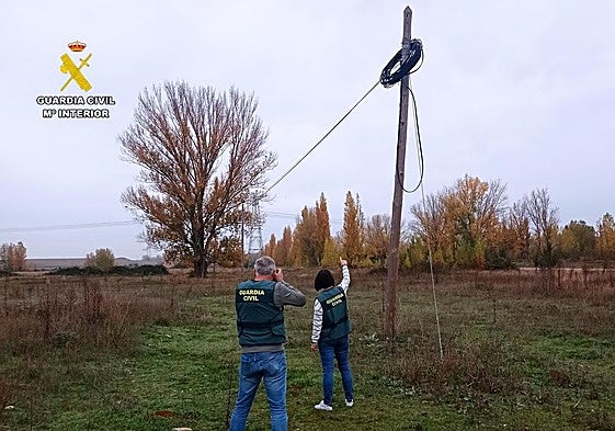 Uno de los postes de tendido telefónico que sufrió el robo de cable.