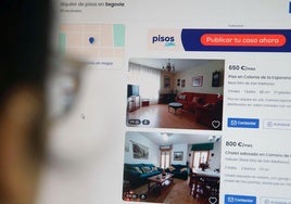 Una joven consulta anuncios de alquileres en Segovia a través de un portal inmobiliario.