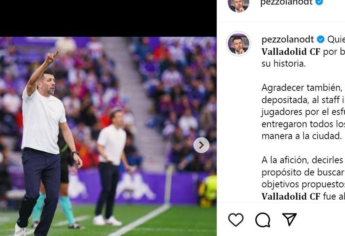 Publicación de Pezzolano en Instagram para despedirse del Real Valladolid