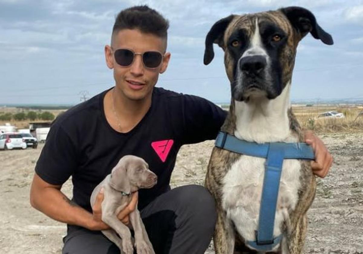 Alberto Arranz con un cachorro y con su perro Río, un Alana Español.