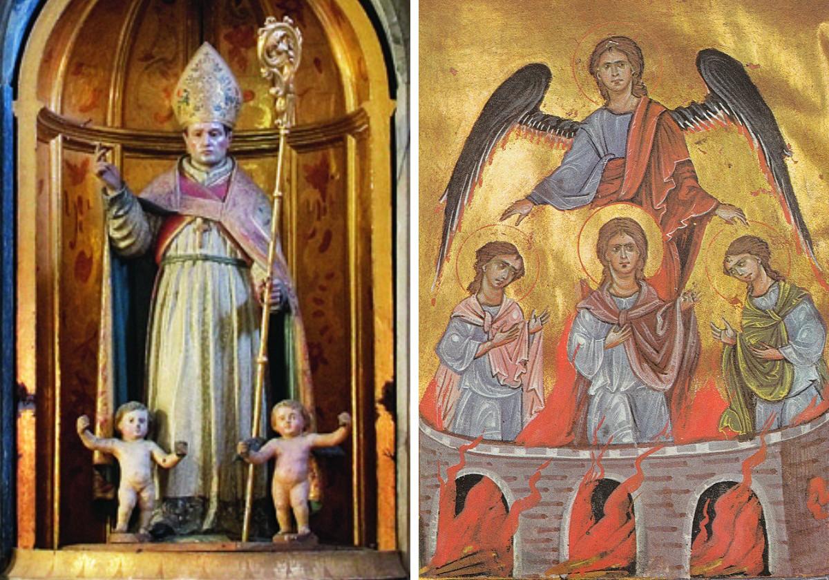 Imagen del retablo de San Atón en la Catedral de Badajoz y representación de los Santos Ananías, Azarías y Misael.