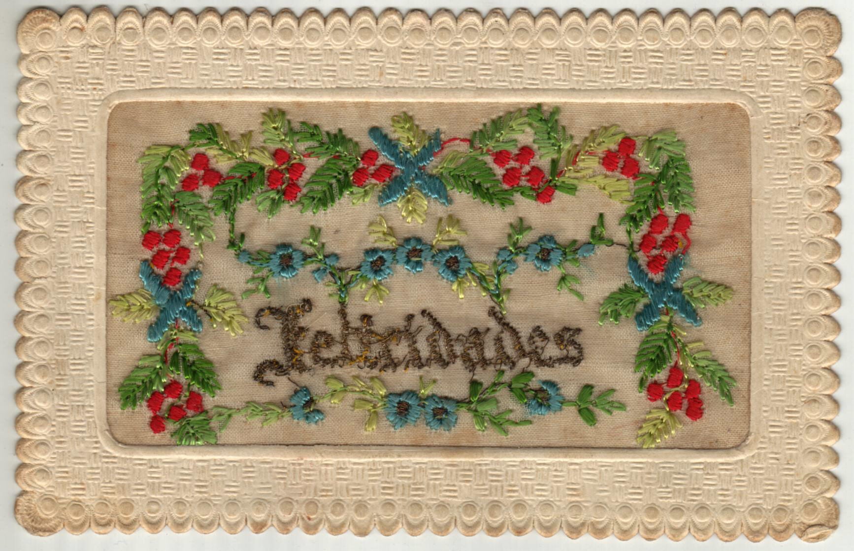 Tarjeta de felicitación navideña de 1905 de tela bordada.