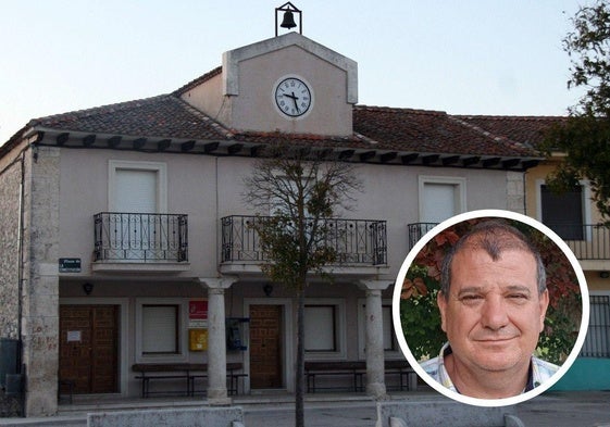 En grande, casa consistorial de Cozuelos de Fuentidueña. En pequeño, su alcalde, Vicente Bayón.