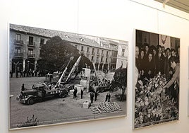 Colocación de la estatua de Jorge Manrique en la Plaza Mayor en 1963, en una imagen de Fernando Bellver.