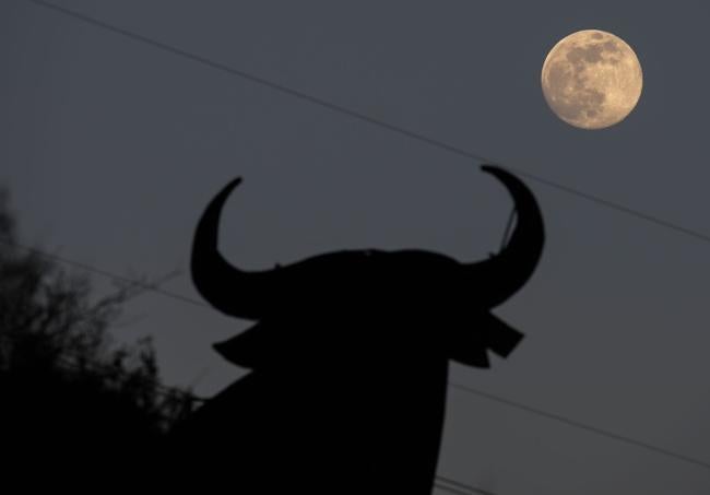 El toro de la localidad asturiana de El Berrón 'contempla' una luna gibosa creciente.