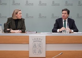 El consejero de Economía y Hacienda y portavoz, Carlos Fernández Carriedo (derecha), y la vicepresidenta de la Junta y consejera de Familia e Igualdad de Oportunidades, Isabel Blanco, comparecen en rueda de prensa posterior al Consejo de Gobierno.