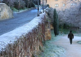 Un hombre camina por una zona verde de Segovia completamente helada.