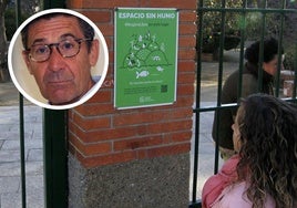 Cartel de espacio sin humo en el Jardín Botánico de Segovia; y en el círculo, el presidente provincial de la AECC, Juan Vicente Cuesta.