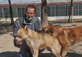 Héctor Sierra, con dos ejemplares con lo que trabajó en el Centro de Protección Animal durante los cuatro años que ha ejercido como educador canino en las instalaciones.