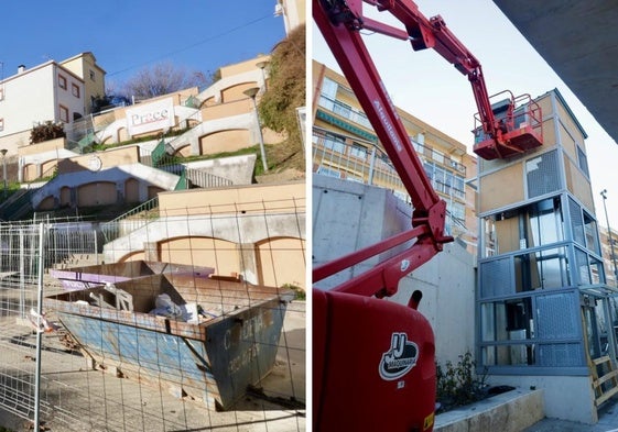 A la izquierda, material de obra Girón. A la derecha, remates en el ascensor de Rafael Cano.