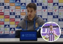 César de la Hoz, durante la presentación como jugador del Oviedo. A la derecha el día de su puesta de largo con el Pucela.