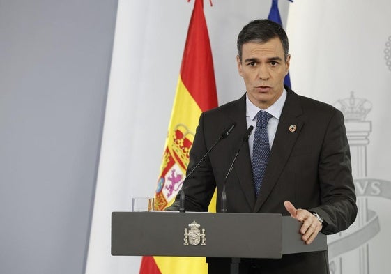 El presidente del Gobierno, Pedro Sánchez, durante la comperecenciade ayer en Moncloa.