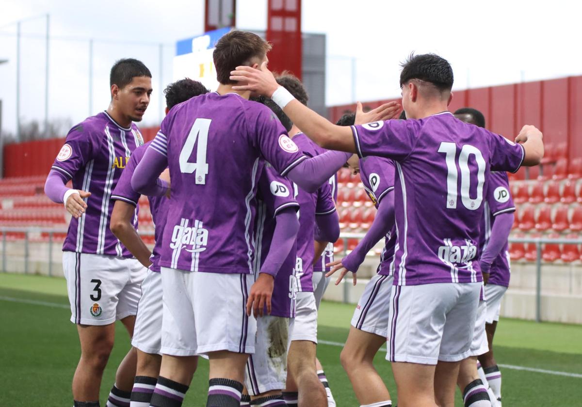 Los jugadores del Pucela celebran el primer gol de la tarde.