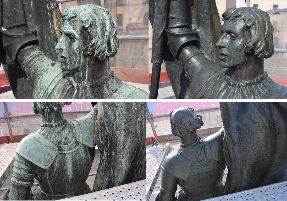 Los antes y después de la restauración del rostro de Juan Bravo y de la espalda de la escultura del comunero.