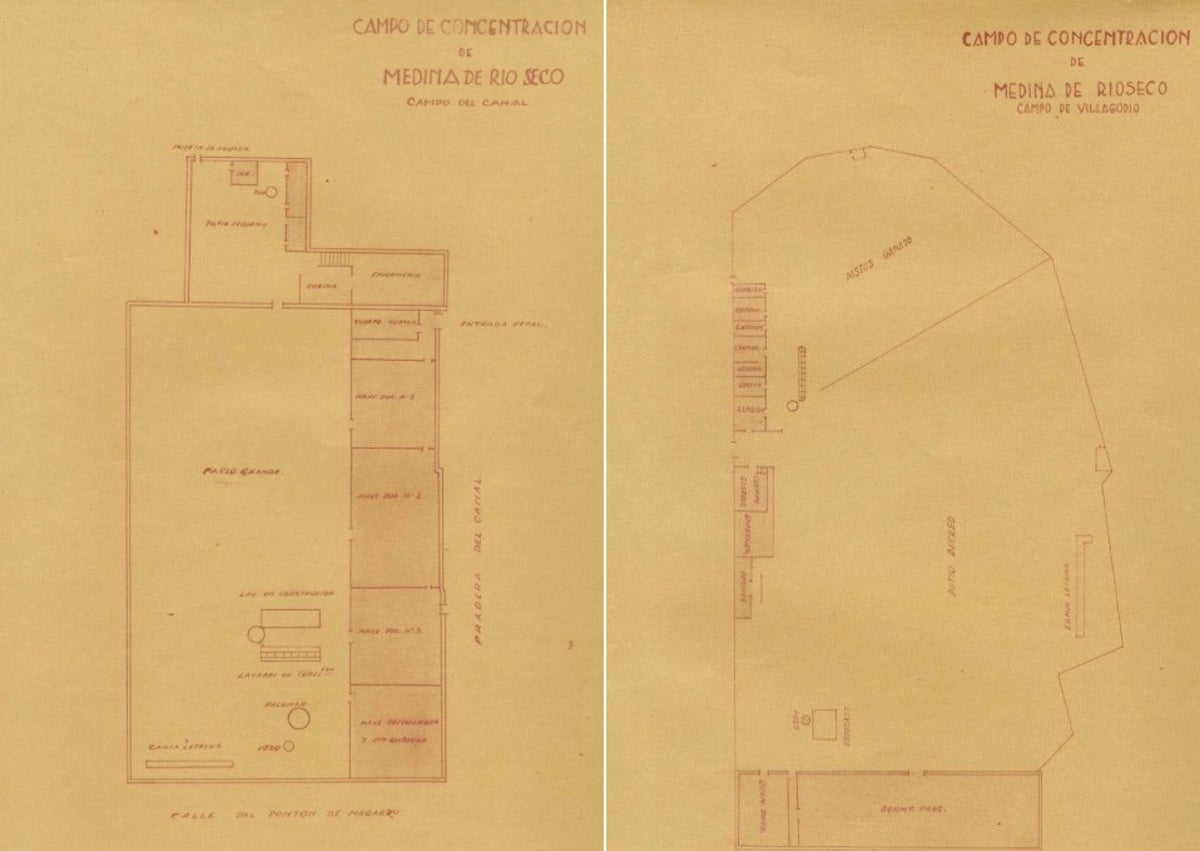 Imagen secundaria 1 - Arriba, el monasterio de Santa María en Valbuena de Duero en la actualidad. Abajo, planos de los campos de concentración de Medina de Rioseco y noticia en El Norte de Castilla.